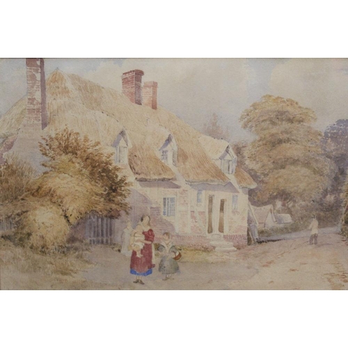 39 - A PAIR OF GILT FRAMED AND GLAZED WATERCOLOURS DEPICTING FIGURES BESIDE COTTAGES, OVERALL SIZE 57 X 4... 