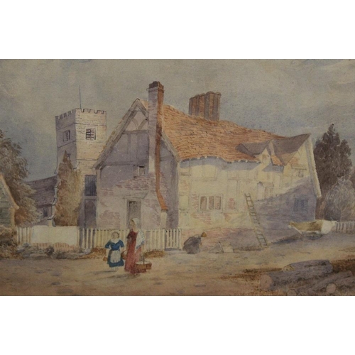 39 - A PAIR OF GILT FRAMED AND GLAZED WATERCOLOURS DEPICTING FIGURES BESIDE COTTAGES, OVERALL SIZE 57 X 4... 