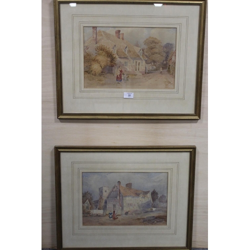 39 - A PAIR OF GILT FRAMED AND GLAZED WATERCOLOURS DEPICTING FIGURES BESIDE COTTAGES, OVERALL SIZE 57 X 4... 