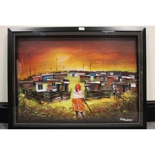 4 - A MODERN FRAMED AND GLAZED AFRICAN STYLE HAND PAINTED 3-D MIXED MEDIA PICTURE OF A LADY BEFORE SHANT... 