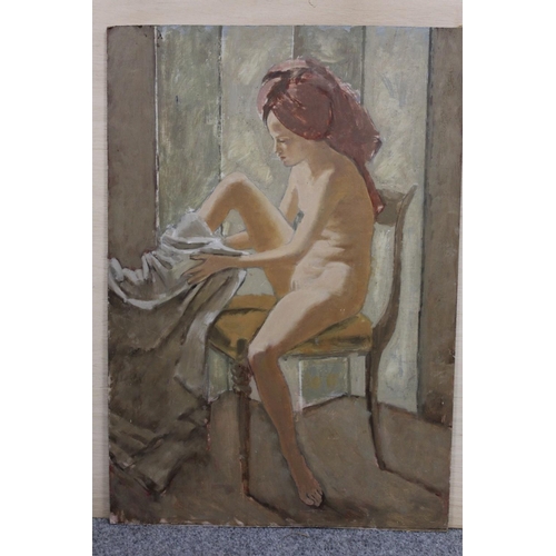 40 - AN UNFRAMED OIL ON BOARD OF A SEATED FEMALE NUDE DRYING HER FEET SIZE - 66CM X 46CM