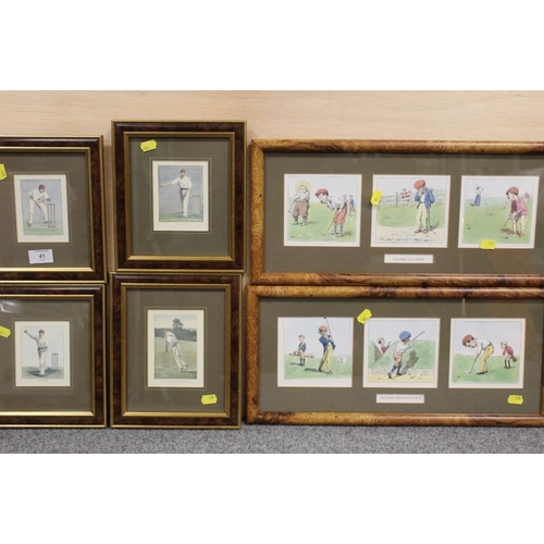 41 - A SET OF FOUR SMALL CRICKET INTEREST PRINTS, TOGETHER WITH A PRINT OF ASTON HALL, WARWICKSHIRE AND A... 