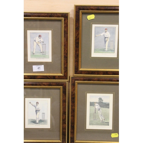 41 - A SET OF FOUR SMALL CRICKET INTEREST PRINTS, TOGETHER WITH A PRINT OF ASTON HALL, WARWICKSHIRE AND A... 