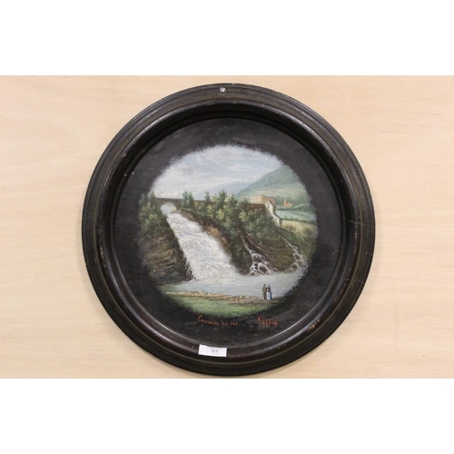 44 - A CIRCULAR FRAMED OIL ON BOARD DEPICTING FIGURES BEFORE A WATERFALL ENTITLED 'CASCOWE DE COO' SPA  P... 