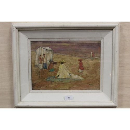 47 - AFTER EDWARD LE BAS (1904-1966). An impressionist beach scene with figures and a bathing tent. Bears... 