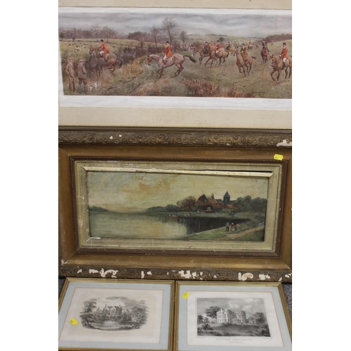 48 - A VINTAGE GILT FRAMED OIL ON CANVAS OF A COUNTRY LAKE SCENE, DAMAGES TO FRAME TOGETHER WITH A QUANTI... 