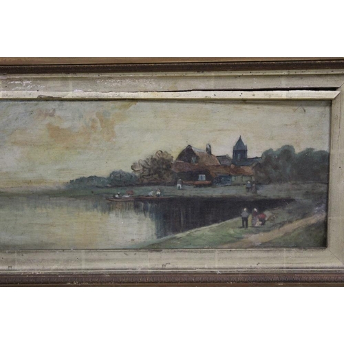 48 - A VINTAGE GILT FRAMED OIL ON CANVAS OF A COUNTRY LAKE SCENE, DAMAGES TO FRAME TOGETHER WITH A QUANTI... 