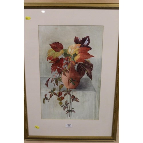 50 - A FRAMED AND GLAZED WATERCOLOUR STILL LIFE STUDY OF FLOWERS IN A VASE PICTURE SIZE - 51CM X 32CM  OV... 