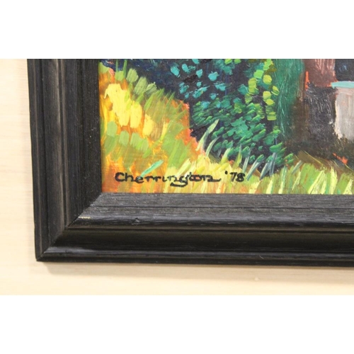 51 - A FRAMED OIL ON BOARD OF A FIGURE ON A PATH IN A RURAL LANDSCAPE SIGNED CHERRINGTON LOWER LEFT PICTU... 