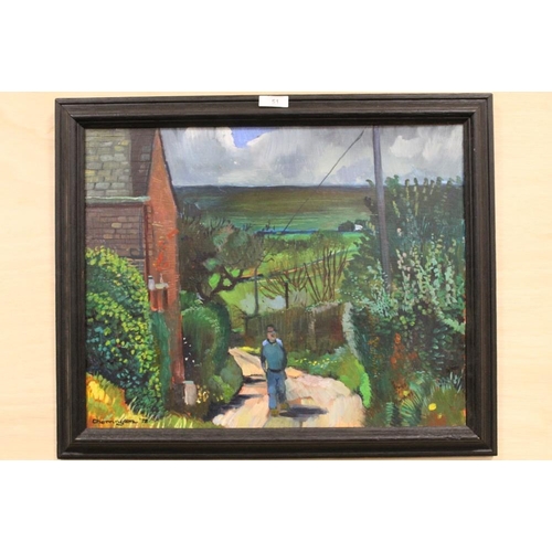 51 - A FRAMED OIL ON BOARD OF A FIGURE ON A PATH IN A RURAL LANDSCAPE SIGNED CHERRINGTON LOWER LEFT PICTU... 