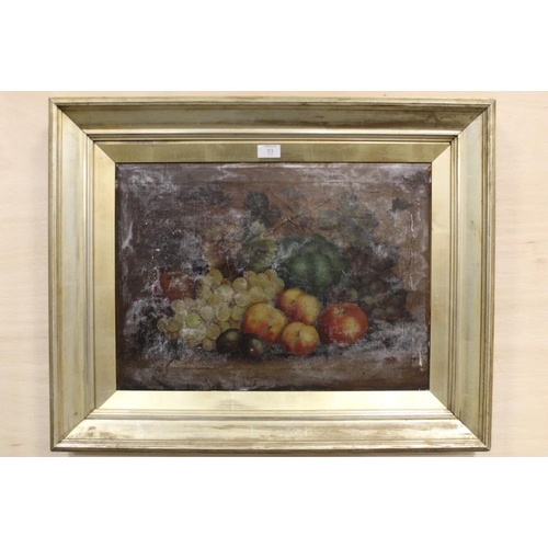 53 - ENGLISH SCHOOL (XIX). A still life study of fruit, oil on board, gilt framed, 39 x 54 cm A/F