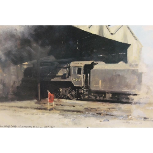 55 - A SET OF THREE FRAMED AND GLAZED SIGNED LIMITED EDITION LOCOMOTIVE INTEREST DAVID SHEPHERD PRINTS  E... 