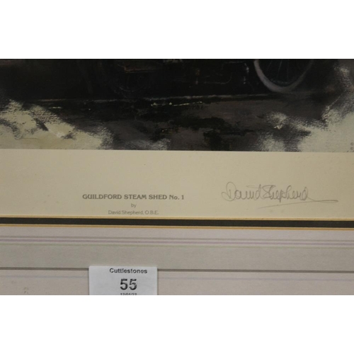 55 - A SET OF THREE FRAMED AND GLAZED SIGNED LIMITED EDITION LOCOMOTIVE INTEREST DAVID SHEPHERD PRINTS  E... 