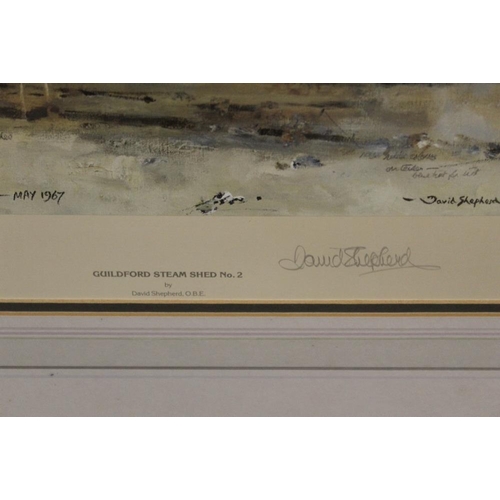 55 - A SET OF THREE FRAMED AND GLAZED SIGNED LIMITED EDITION LOCOMOTIVE INTEREST DAVID SHEPHERD PRINTS  E... 