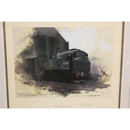 55 - A SET OF THREE FRAMED AND GLAZED SIGNED LIMITED EDITION LOCOMOTIVE INTEREST DAVID SHEPHERD PRINTS  E... 