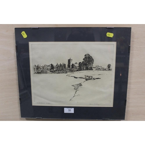 56 - A GLAZED SIGNED JAMES PRIDDEY ETCHING OF SHAKESPEARES BIDFORD OVERALL SIZE - 42CM X 35CM