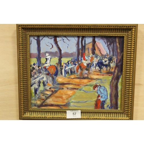 57 - A GILT FRAMED IMPRESSIONIST OIL ON BOARD OF A HORSE RACING SCENE INDISTINCTLY SIGNED LOWER RIGHT PIC... 