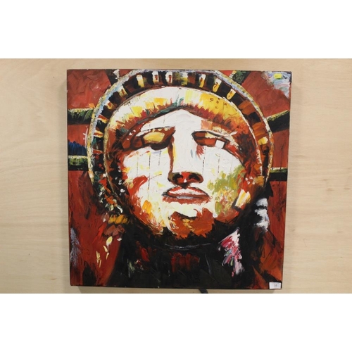 58 - A LARGE UNFRAMED ACRYLIC ON CANVAS OF THE FACE OF THE STATUE OF LIBERTY IN THE STYLE OF JEAN- MICHEL... 