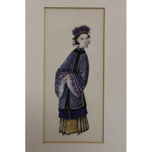 59 - A PAIR OF SMALL ORIENTAL STYLE WATERCOLOURS OF FIGURES IN BLUE ROBES PICTURE SIZE - 18CM X 8CM OVERA... 