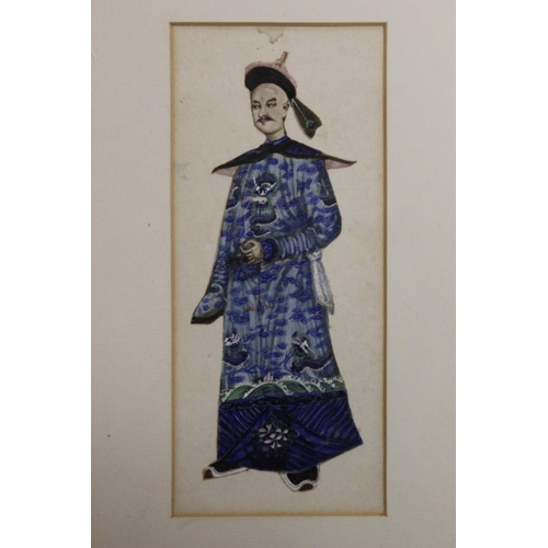 59 - A PAIR OF SMALL ORIENTAL STYLE WATERCOLOURS OF FIGURES IN BLUE ROBES PICTURE SIZE - 18CM X 8CM OVERA... 