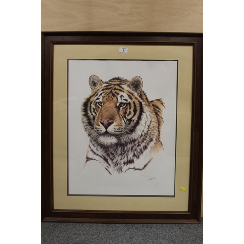 6 - A LARGE MODERN FRAMED AND GLAZED LITHOGRAPH OF A TIGER ENTITLED 'SIBERIAN HUNTER' BY GUY COHELEACH F... 