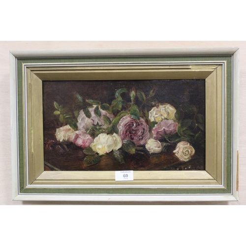 60 - AN ANTIQUE FRAMED OIL ON CANVAS STILL LIFE STUDY OF ROSES INDISTINCTLY SIGNED LOWER RIGHT PICTURE SI... 