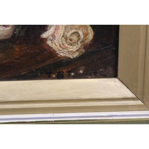 60 - AN ANTIQUE FRAMED OIL ON CANVAS STILL LIFE STUDY OF ROSES INDISTINCTLY SIGNED LOWER RIGHT PICTURE SI... 