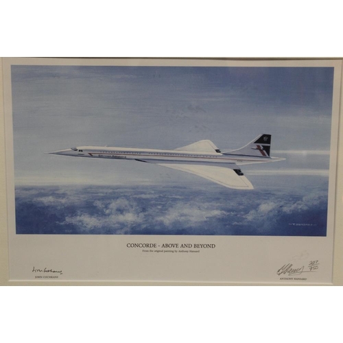 62 - A FRAMED AND GLAZED SIGNED LIMITED EDITION CONCORDE INTEREST PRINT ENTITLED 'CONCORDE -ABOVE AND BEY... 