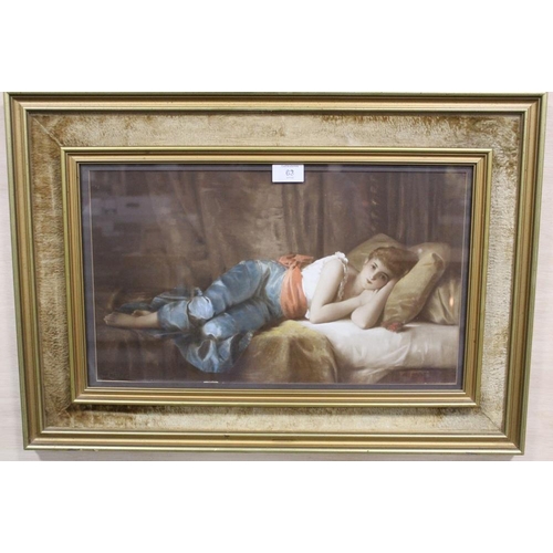 63 - A GILT FRAMED AND GLAZED PARTIALLY OVER PAINTED PRINT OF A WOMAN RESTING BY PAUL TILLIER PICTURE SIZ... 