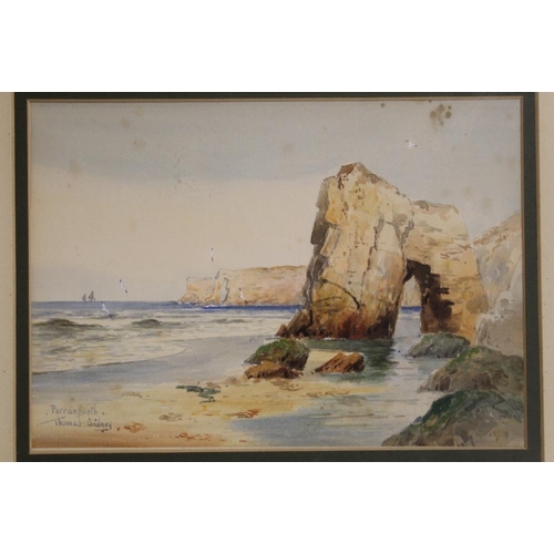 66 - A GILT FRAMED AND GLAZED WATERCOLOUR OF A BEACH SCENE ENTITLED 'PERRANPORTH' BY THOMAS SIDNEY PICTUR... 