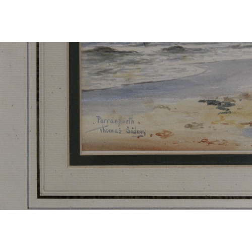 66 - A GILT FRAMED AND GLAZED WATERCOLOUR OF A BEACH SCENE ENTITLED 'PERRANPORTH' BY THOMAS SIDNEY PICTUR... 