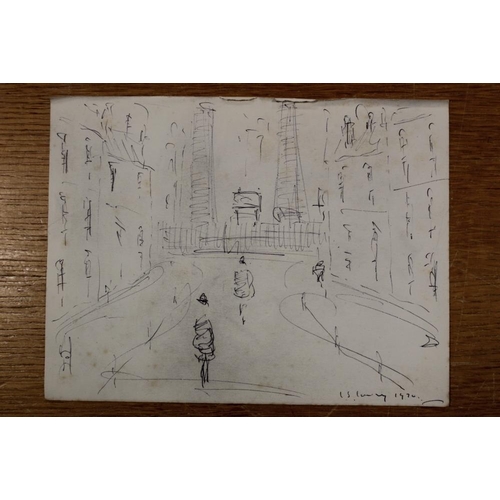 7 - AN UNFRAMED PEN AND INK DRAWING ON PAPER OF A STREET SCENE IN THE STYLE OF L S LOWRY -25.5CM X 19CM