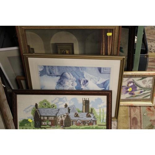 71 - A COLLECTION OF PICTURES AND PRINTS TO INCLUDE CROSS STITCHES, OIL ON BOARD ETC TOGETHER WITH A SELE... 