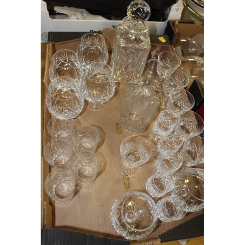 91 - FOUR BOXES OF GLASSWARE TO INCLUDE A  BOXED WATERFORD CRYSTAL MARQUIS TRAY, CUT GLASS DECANTERS ETC