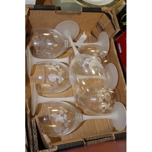 91 - FOUR BOXES OF GLASSWARE TO INCLUDE A  BOXED WATERFORD CRYSTAL MARQUIS TRAY, CUT GLASS DECANTERS ETC