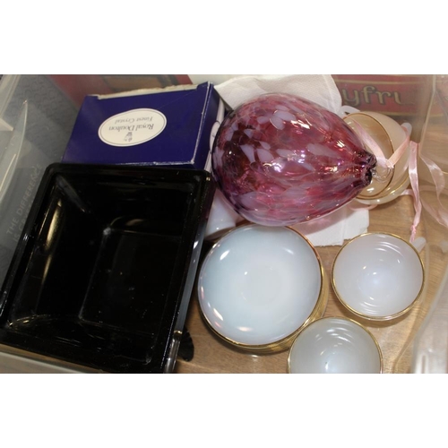 91 - FOUR BOXES OF GLASSWARE TO INCLUDE A  BOXED WATERFORD CRYSTAL MARQUIS TRAY, CUT GLASS DECANTERS ETC