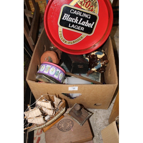 94 - TWO BOXES OF COLLECTABLES TO INCLUDE METALWARE, BRASSWARE, TREEN ETC