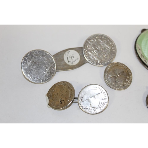 397 - A COLLECTION OF SILVER AND WHITE METAL COINS MOUNTED AS BUCKLES, TOGETHER WITH A HALLMARKED SILVER A... 