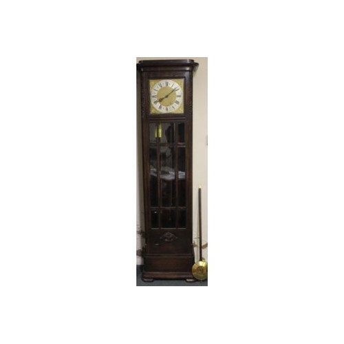 833 - AN EARLY TWENTIETH CENTURY OAK GLAZED LONGCASE CLOCK, with triple weight, the gilt and silvered dial... 