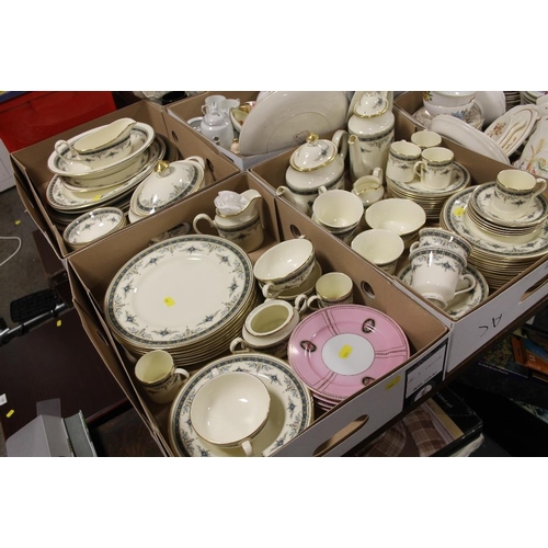 226 - THREE TRAYS OF MINTON GRASMERE CHINA TO INCLUDE TEA AND COFFEE POTS, DINNER PLATES ETC