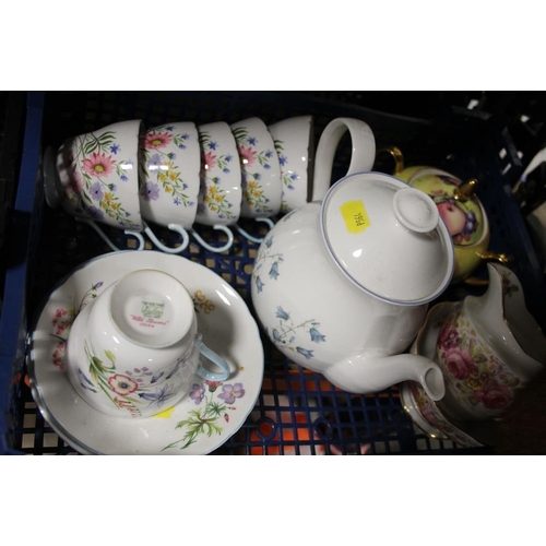 249 - FIVE TRAYS OF ASSORTED CHINA TO INCLUDE SHELLEY WILDFLOWERS CUPS AND SAUCERS ETC