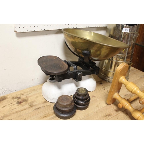 274 - A SET OF VINTAGE SCALES AND WEIGHTS, COAL SCUTTLE AND TOWEL RAIL