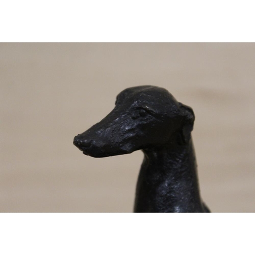 300 - A BRONZE STYLE FIGURE OF A GREYHOUND ON PLINTH SIGNED BARRIE