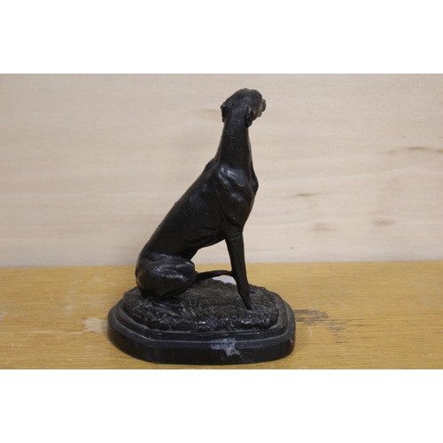 300 - A BRONZE STYLE FIGURE OF A GREYHOUND ON PLINTH SIGNED BARRIE