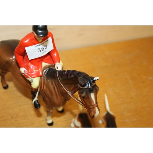 363 - A BESWICK HUNTING SCENE CONSISTING OF A HUNTSMAN ON HORSEBACK, THREE HOUNDS AND A FOX (5) HORSE REST... 