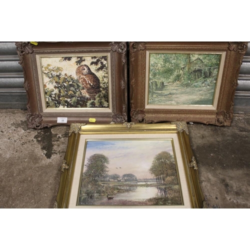 10 - THREE GILT FRAMED OIL ON CANVASES COMPRISING OF A STUDY OF AN OWL, A RIVER LANDSCAPE WITH DUCKS AND ... 