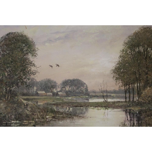 10 - THREE GILT FRAMED OIL ON CANVASES COMPRISING OF A STUDY OF AN OWL, A RIVER LANDSCAPE WITH DUCKS AND ... 