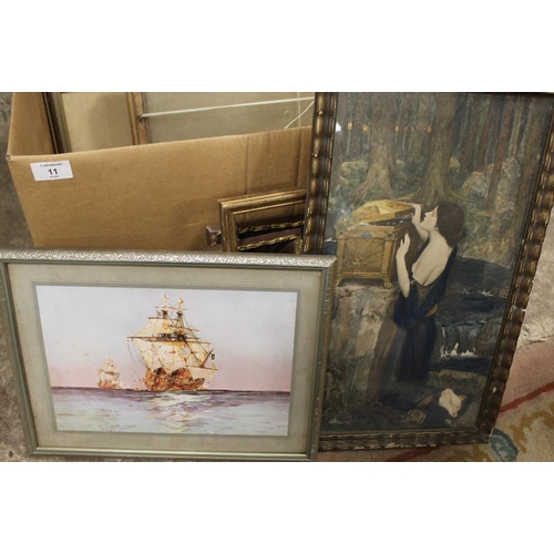 11 - A BOX OF VINTAGE PICTURE FRAMES AND PRINTS ETC.