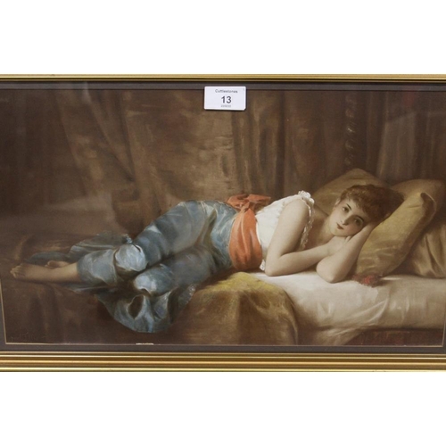 13 - A GILT FRAMED AND GLAZED PARTIALLY OVER PAINTED PRINT OF A WOMAN RESTING BY PAUL TILLIER PICTURE SIZ... 