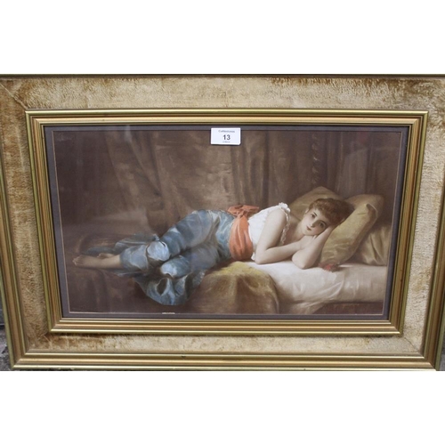 13 - A GILT FRAMED AND GLAZED PARTIALLY OVER PAINTED PRINT OF A WOMAN RESTING BY PAUL TILLIER PICTURE SIZ... 